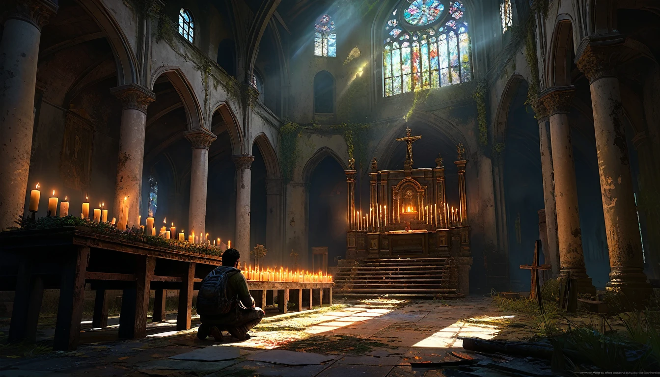 019: Investigating the church, they find strange symbols on the walls and an altar with candles still burning, despite the place appearing abandoned for years. Pedro insists they leave immediately, but Juan feels they need to uncover more about what is happening. He finds an old diary hidden under the altar, with notes about rituals and invocations. The scene is rendered with cinematic color tones and intricate details, resembling a highly realistic game illustration style, inspired by Craig Mullins' atmospheric and detailed artwork, akin to a key art concept for a suspenseful video game like "The Last of Us."