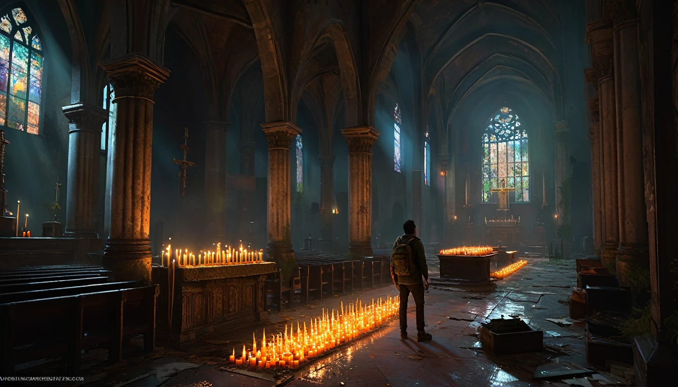 019: Investigating the church, they find strange symbols on the walls and an altar with candles still burning, despite the place appearing abandoned for years. Pedro insists they leave immediately, but Juan feels they need to uncover more about what is happening. He finds an old diary hidden under the altar, with notes about rituals and invocations. The scene is rendered with cinematic color tones and intricate details, resembling a highly realistic game illustration style, inspired by Craig Mullins' atmospheric and detailed artwork, akin to a key art concept for a suspenseful video game like "The Last of Us."