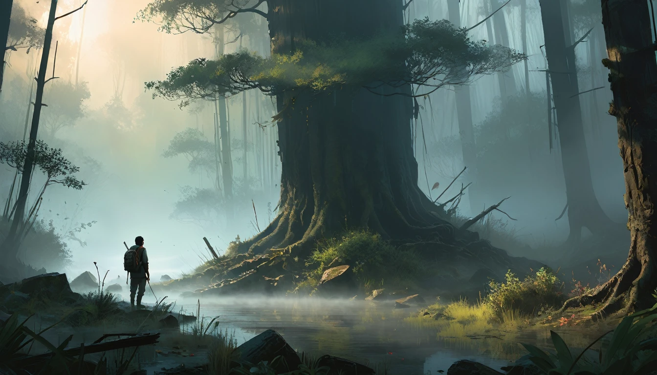 020: The notes reveal that the fog is not a natural phenomenon but the result of an ancient ritual performed by a sect that once inhabited the forest. They believed the fog was a living entity, a vengeful spirit that could be controlled. Juan begins to realize they are dealing with something far more dangerous than they could have imagined. The scene is rendered with cinematic color tones and intricate details, resembling a highly realistic game illustration style, inspired by Craig Mullins' atmospheric and detailed artwork, akin to a key art concept for a suspenseful video game like "The Last of Us."