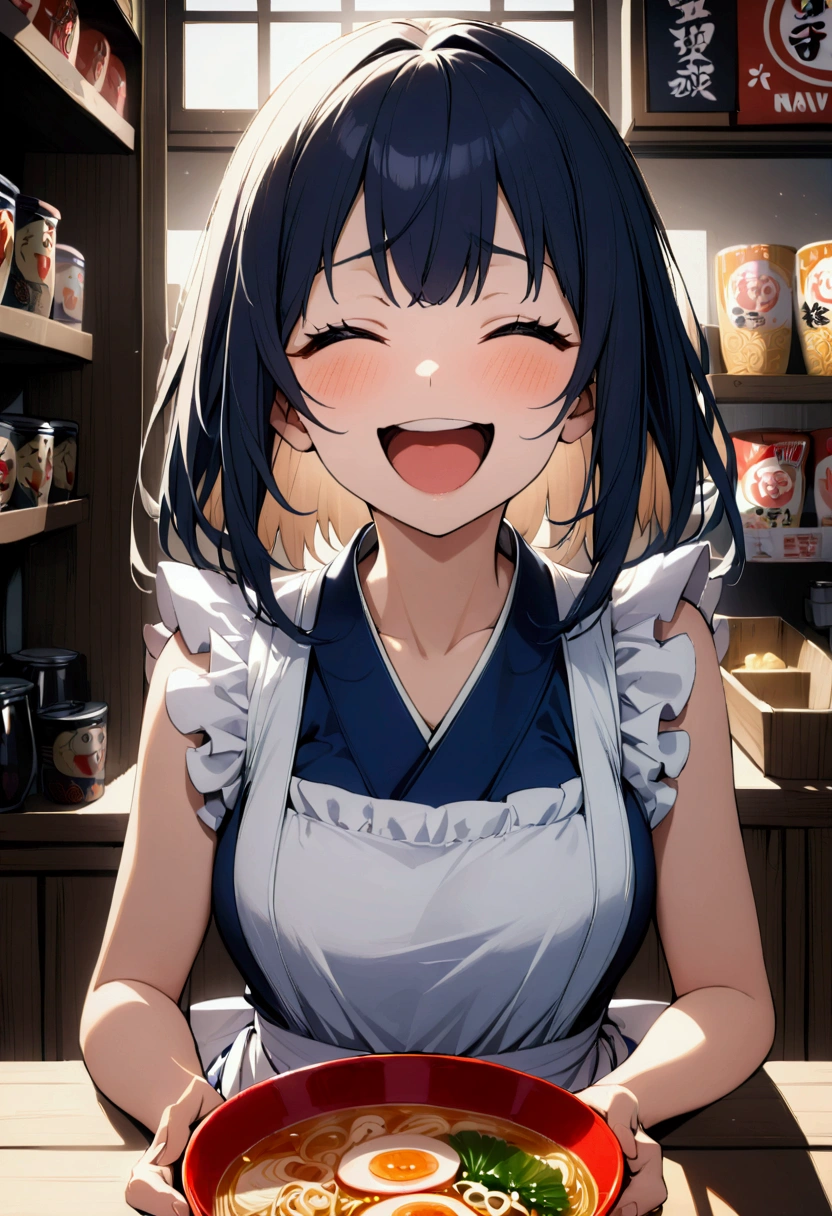 1 girl, white kerchief, navy blue kimono and white ruffled apron, laughter, Japanese ramen store, counter seat only, kitten behind girl,