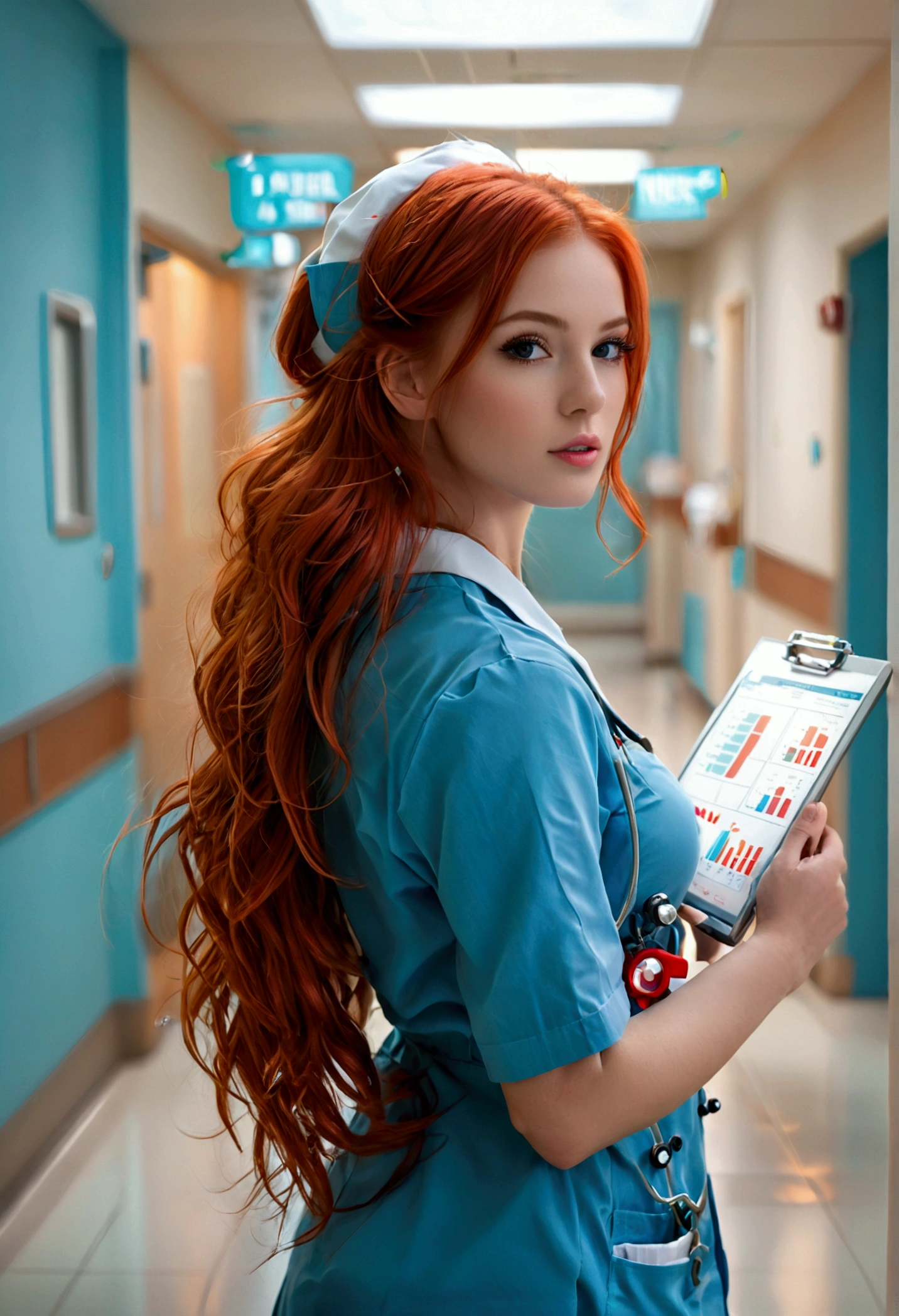 ultra realistic, photography, long red hair, girl, 24 years old, hourglass figure, perfect body, natural medium breasts, Flirty look, extremely detailed artgerm, in the style artgerm, facing the camera, lens 35 mm, blur background, standing in a hospital hallway, nurse outfit, chart in her hands