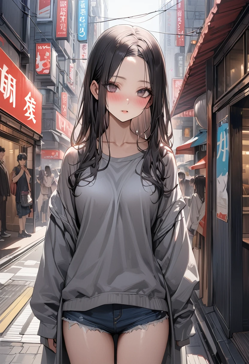 ((masterpiece,Highest quality:1.3,best quality realistic illustration)),cowboy shot,独奏,1woman,(25 year old beauty),((very small head:1.3)),black hair,long hair,forehead,center parted bangs,black eyes,gorgeous big eyes,blush,((very long body)),medium breasts,gleaming skin,slender body,(oversized gray sweatshirt)、Denim Microshorts、standing,on street,Shinjuku、Tokyo、