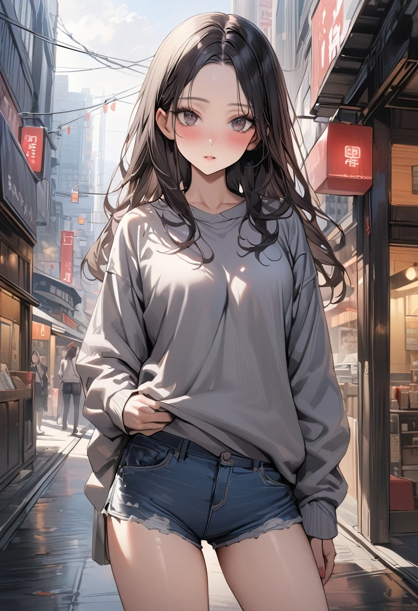 ((masterpiece,Highest quality:1.3,best quality realistic illustration)),cowboy shot,独奏,1woman,(25 year old beauty),((very small head:1.3)),black hair,long hair,forehead,center parted bangs,black eyes,gorgeous big eyes,blush,((very long body)),medium breasts,gleaming skin,slender body,(oversized gray sweatshirt)、Denim Microshorts、standing,on street,Shinjuku、Tokyo、