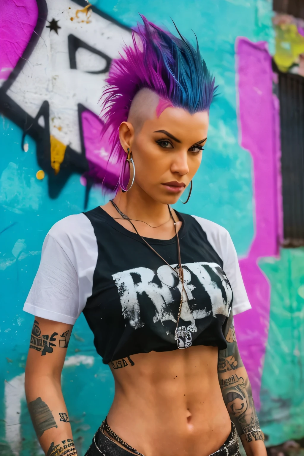 Photorealistic, ultra-detailed, ((Rocker punk girl, spiky mohawk hair)) girl, hot Body, abs, tattoo, t-shirt nipples, portrait photo, Solo, Brazilian Girl dimly lit room, edgy urban scene with graffiti, dark and moody, late evening, city lights flashing, neon lighting The essence of rock and roll, spike hair, 18 years old, assertive, confident expression, showcasing multiple piercings, blurry background, analogue style, grunge texture, Best contrast, industrial, Instagram LUT, Professional, 4k, electrifying gaze, shot on Nikon, 50mm, shallow depth of field,  ((Abandoned Graffiti Wall Background, cinematic lighting )).