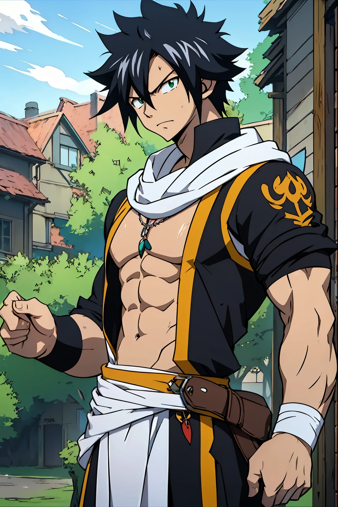 ((arte estilo anime)), He is a 17 year old teenager, bry white skin, He has slightly disheveled very black hair,  light green eyes, , muscular body , anime art style Fairy Tail , sexy face, He is dressed in the anime male clothes "Fairy Tail",  , 8k, high quality, masterpiece, , cinematic, vivid colors, shining green eyes 