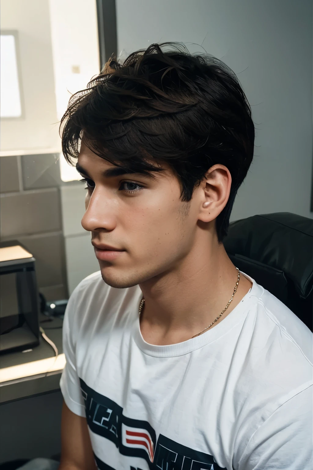 handsome boy setting on a social media "Google". wearing jocket . The background is mockup of his YouTube profile page with a profile name "Smart Graphics" and a profile picture . soft light reflection