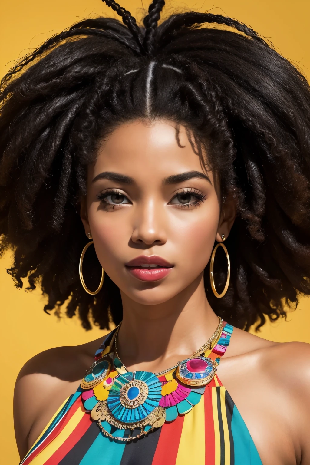 ((best qualityer)), ((work of art)), (detailded), arte sobre o International Day of Latin American and Caribbean Black Women, woman in colorful and beautiful clothes, without showing the body, just face and space like her with the phrase "International Day of Latin American and Caribbean Black Women"