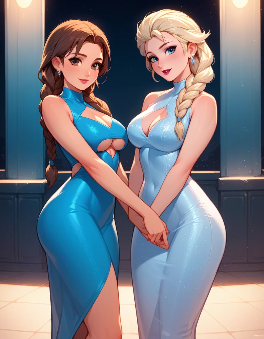 score_9, score_8_up, score_7_up, score_6_up, 2girls, elsa (blonde hair, braid, ultra short blue keyhole bodycon dress:1.1) and anna (brown hair, braided pigtails, ultra short white keyhole bodycon dress:1.3),, romantic scenes, on dates, different locations, lovers, in love, cinematic lighting,, sunset, cowboy shot.