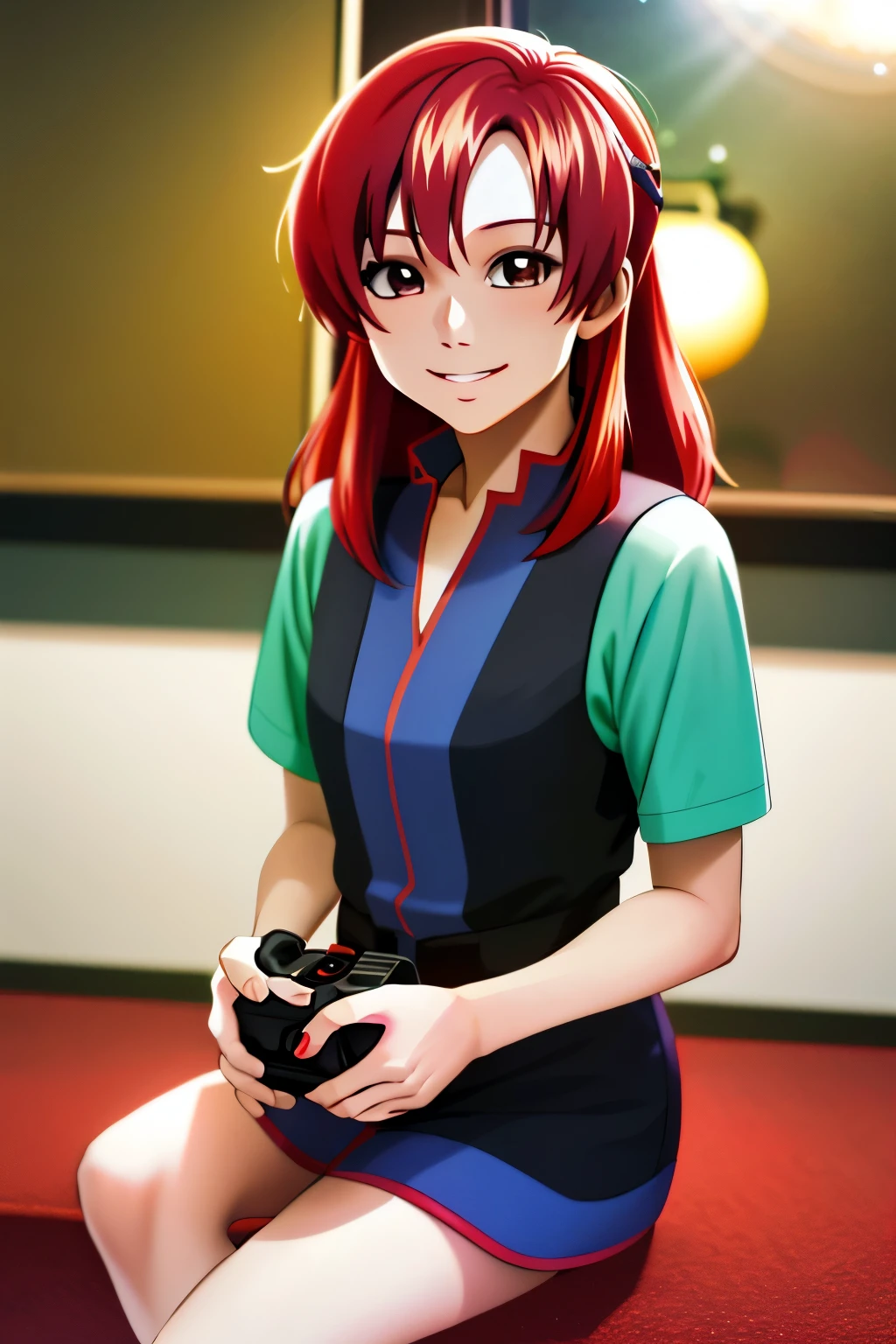 nigahiga anime avvie gallery - nigahiga with red hair (s2), (masterpiece:1.0), (best_quality:1.0), ultra high res, ultra-detailed, photography, 8K, HDR, highres, absurdres:1.2, Kodak portra 400, film grain, sharp focus, bokeh:1.2, lens flare, (vibrant_color:1.2), (indoor setting), nigahiga, (red haired character), (manga style), (anime avatar), (smiling), (casual pose), (sitting), (holding a micro