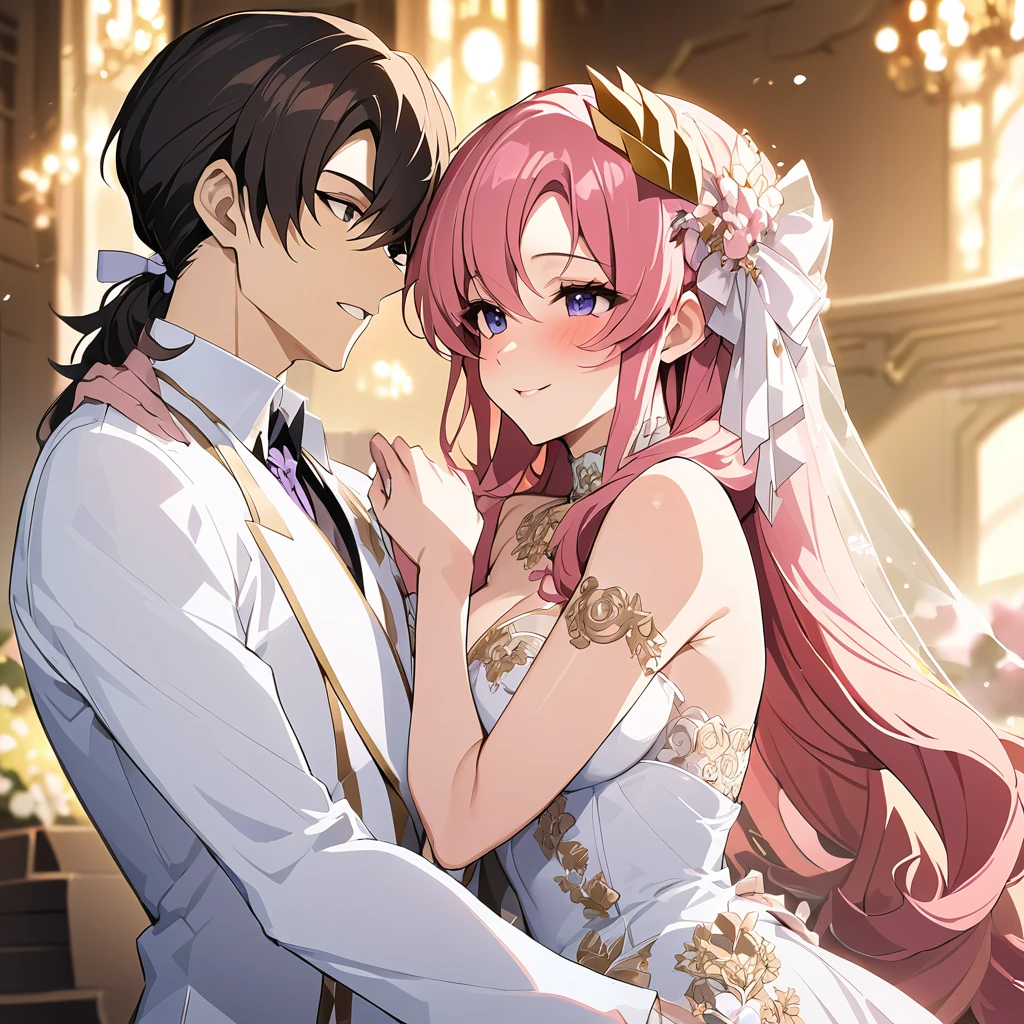 ((Highest quality)), ((masterpiece)), (detailed), (Perfect Face)、The woman is embracing and kissing a handsome blonde man wearing a white tuxedo、The woman is Lacus Clyne, the Queen of Accord and wife of Orpheus, King of Accord. She is wearing a vintage wedding dress and wedding veil with gorgeous gold embroidery and trim, an engagement ring, beautifully decorated accessories, and a gorgeous hair ornament. She has medium-long pink hair.、Beloved wife of Orpheus, King of Accord