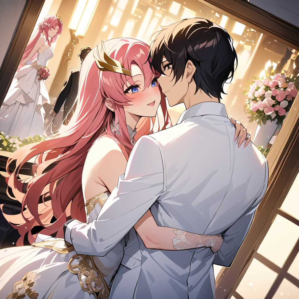 ((Highest quality)), ((masterpiece)), (detailed), （Perfect Face）、The woman is embracing and kissing a handsome blonde man wearing a white tuxedo、The woman is Lacus Clyne, the Queen of Accord and wife of Orpheus, King of Accord. She is wearing a vintage wedding dress and wedding veil with gorgeous gold embroidery and trim, an engagement ring, beautifully decorated accessories, and a gorgeous hair ornament. She has medium-long pink hair.、Beloved wife of Orpheus, King of Accord