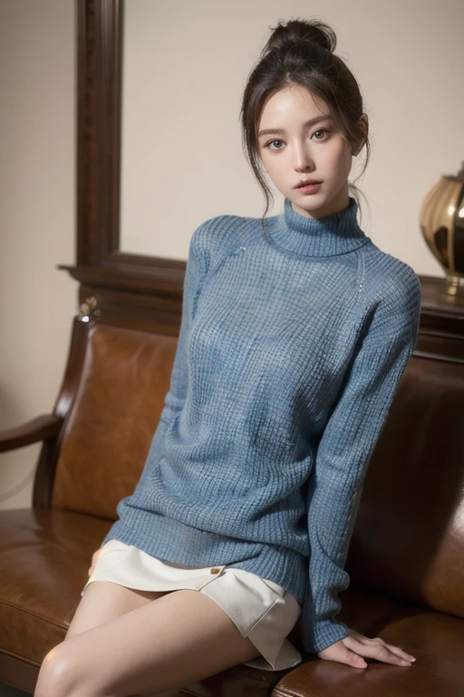 1girl, slim face, sharp blue eyes, brunette, hair in bun, thin:1.3, petite body, wearing light knit sweater, high dark colored short skirt, hands on lap, looking at viewer, (eye level shot, cowboy shot),
BREAK
(best quality:1.3, masterpiece:1.3), (realistic, photo realistic:1.2), highres, UHD, 8k, (realistic skin, Detailed shiny skin), (normal expression, perfect anatomy),