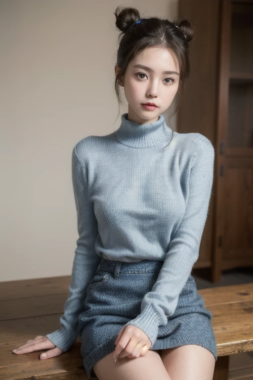 1girl, slim face, sharp blue eyes, brunette, hair in bun, thin:1.3, petite body, wearing light knit sweater, high dark colored short skirt, hands on lap, looking at viewer, (eye level shot, cowboy shot),
BREAK
(best quality:1.3, masterpiece:1.3), (realistic, photo realistic:1.2), highres, UHD, 8k, (realistic skin, Detailed shiny skin), (normal expression, perfect anatomy),
