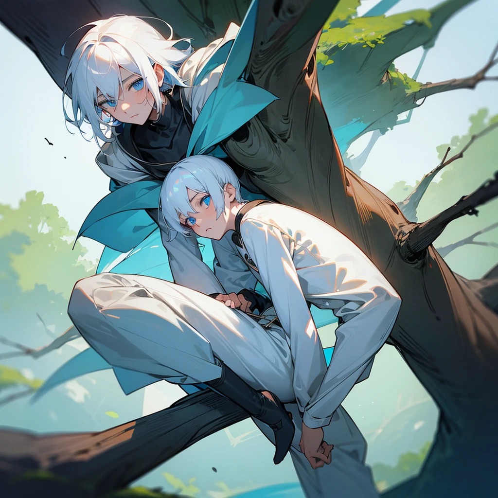 White hair-blue eyes boy, bleeding, leaning on a tree while lands from another planet surround him