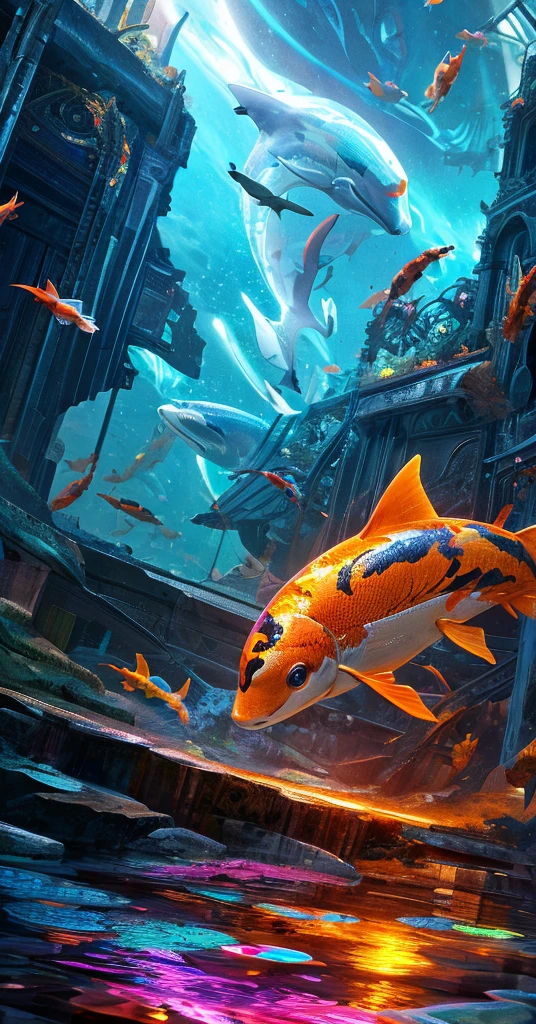beautiful koi fish, beta fish, shark, hybrid creature, surreal digital art, cinematic lighting, dramatic composition, highly detailed, intricate scales, flowing fins, striking colors, vibrant hues, photorealistic, 8k, award-winning digital art, masterpiece, conceptual, futuristic, dark fantasy