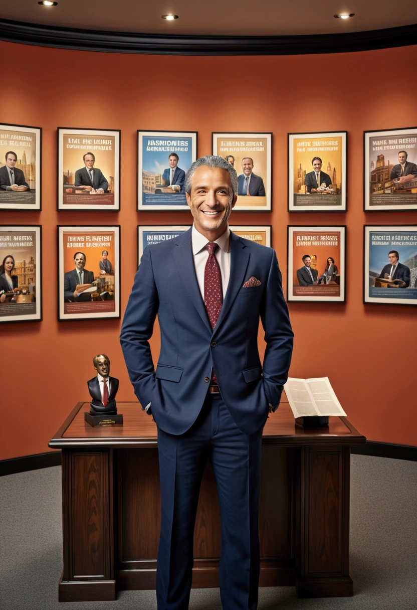 (Lawyer), providing legal education to visitors, smiling and patiently explaining. The background is a professional legal consultation room surrounded by posters and promotional materials, showcasing a professional and friendly atmosphere, full body, award-winning, cinematic still, emotional, vignette, dynamic, vivid, (masterpiece, best quality, photorealistic, Professional, perfect composition, very aesthetic, absurdres, ultra-detailed, intricate details:1.3)