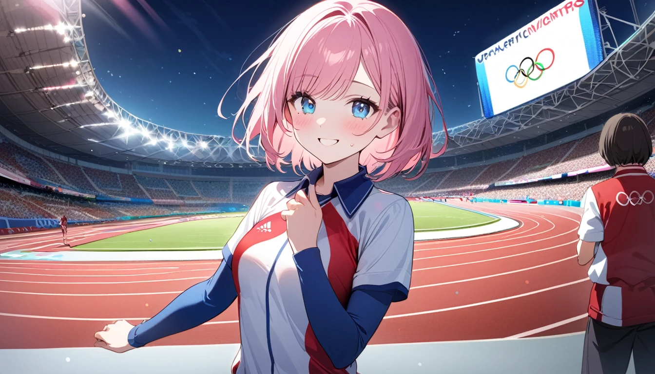 (1 girl),(Best Picture Quality, 8K, Masterpiece:1.3), (high school student:1.5), ((pink lob hair:1.1)), (bob cut),(swept bangs), (cute eyes, pupil black, iris skyblue, youthful face), (mole under right eye), (standard weight), (small breasts),(big hip), (glistening skin:1.2),(pale skin:1.2),(smile:1.2),(track and field uniform),(sweat:1.1),((Sports Event)),(Stadium),(Night),(Olympic),(Sparkling Festivities:1.2),((magnificent view:1.1)),(some players),(japan flag).