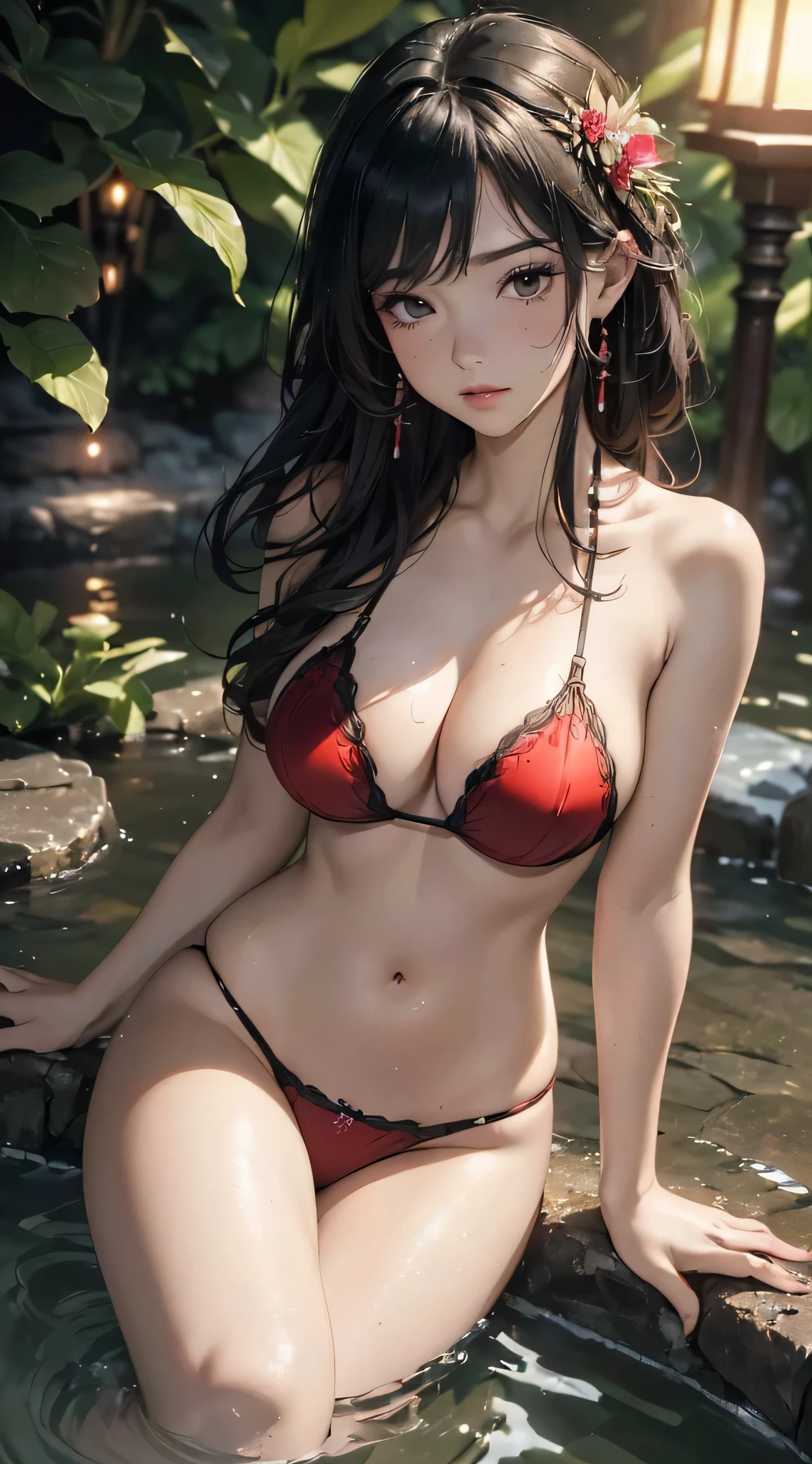 (((8k wallpaper of extremely detailed CG unit, masterpiece, 超A high resolution:1.2, top-quality:1.2, masutepiece))), ((extremely beautiful lady, plein air, natta:1.3, lantern, Immersion in water, lying back, sad Facial expression)), ((extra detailed face, Highly detailed black eyes, extra detailed body, Highly detailed hands, Top quality real texture skins)), (A dark-haired, de pele branca, Small:1.3, Sexy black and red micro bikini:1.2, off shoulders, Light pink eyeshadow, Exposed cleavage, exposed shoulder, Exposed belly, Exposed legs), hyper realisitic, digitial painting,