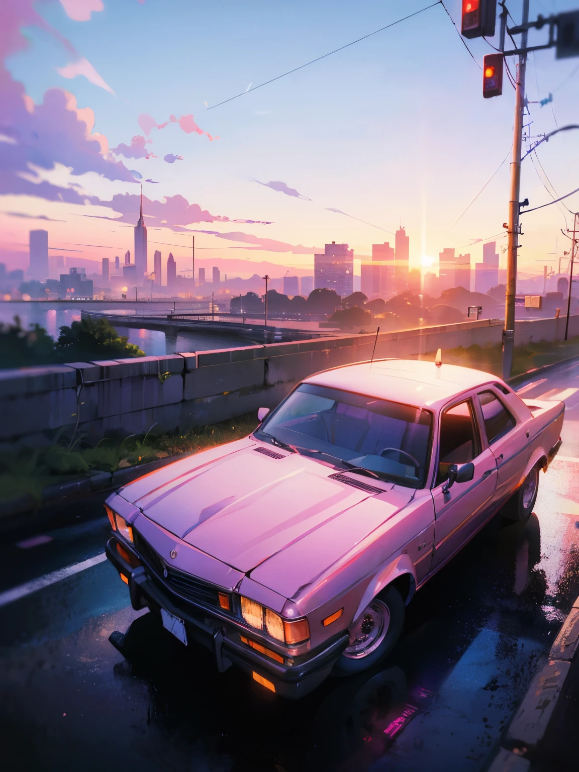 A {white|black|red|blue|pink) car is parked by the road :: pink sunset and city in the background :: 1980 :: Luxyry style :: Hyperdetailed : Ultra realistic :: cinematic :: Neon lighting :: Unreal engine :: RTX --ar 2:3, (VAZ2113),  