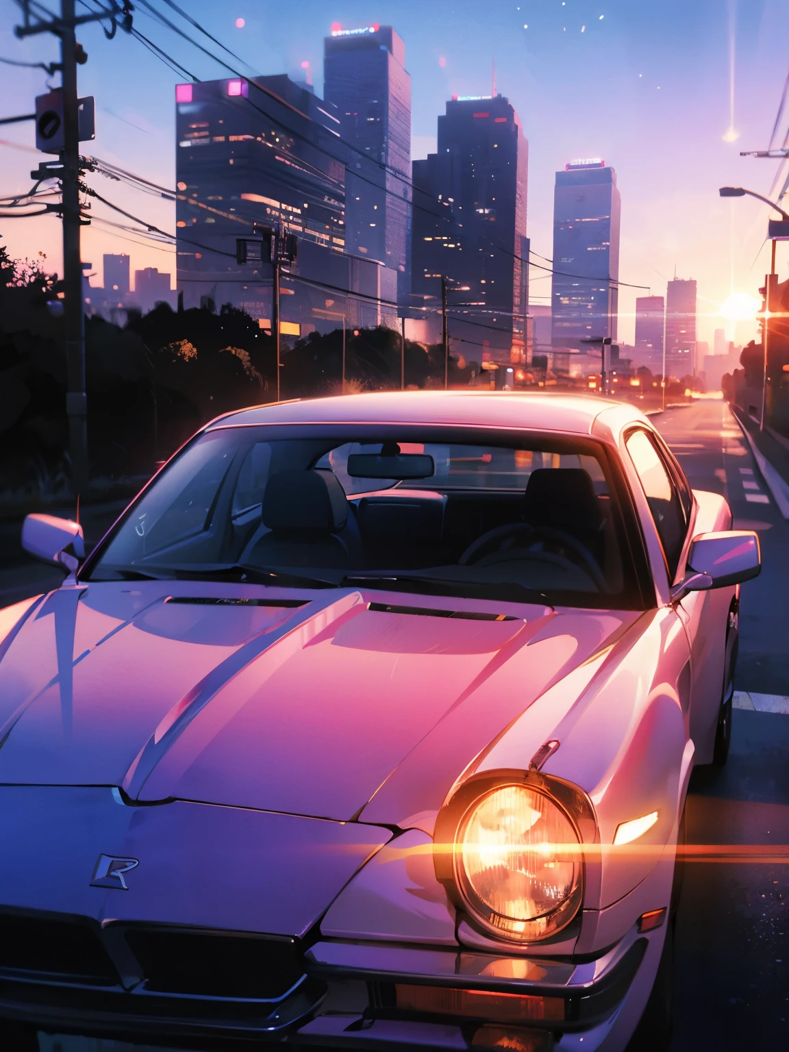 A {white|black|red|blue|pink) car is parked by the road :: pink sunset and city in the background :: 1980 :: Luxyry style :: Hyperdetailed : Ultra realistic :: cinematic :: Neon lighting :: Unreal engine :: RTX --ar 2:3, (VAZ2113),