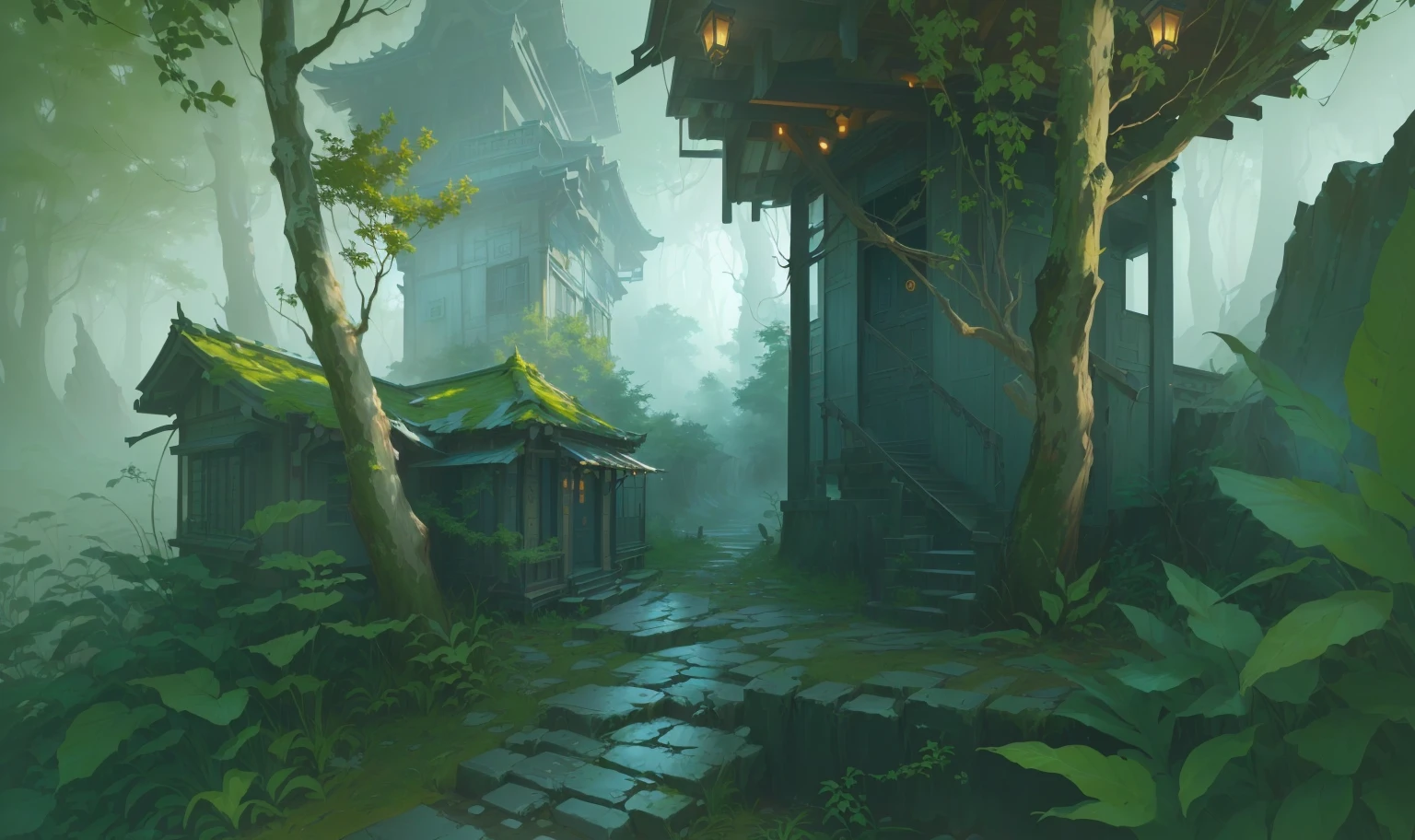 There is a painting，There is a small house in the woods in the painting, 以游戏Concept Art形式进行绘制, environment design illustration, 数字Concept Art, Environmental Concept art, 风格化的Concept Art, 游戏Concept Art, 风景游戏Concept Art, 电子游戏的Concept Art, environment painting, Environmental Concept, Concept Art, Dota 2 Concept Art