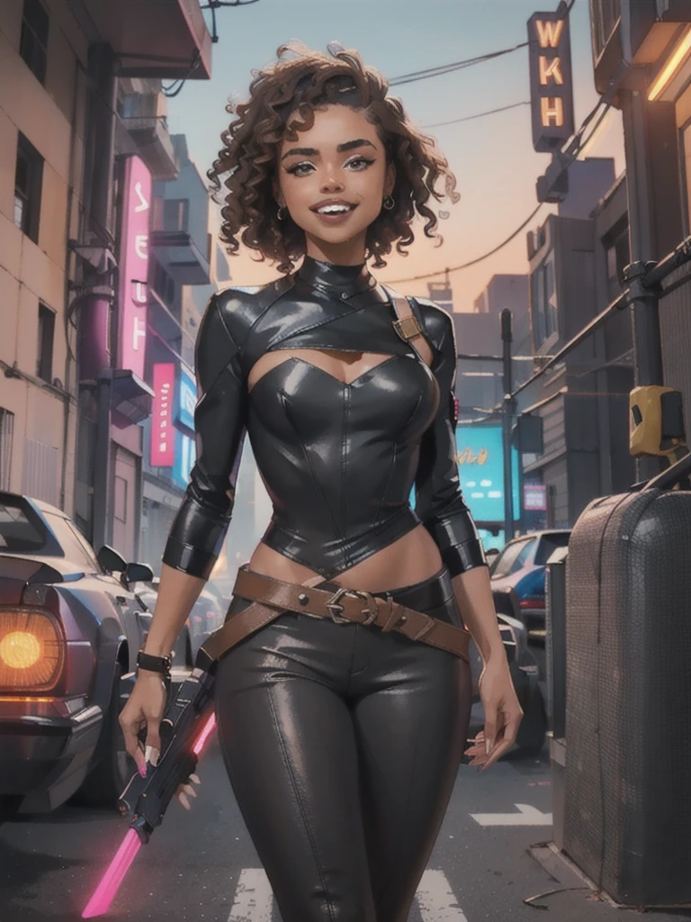 /imagine a cyberpunk warrior, a beautiful black woman, with light brown curly hair, ((her face is like that of the South African singer Tyla)), (she has a slutty smile, a tomboyish smile, beautiful teeth, but the look is sensual and seductive), she has round, small and firm breasts, a very thin waist, thick and toned thighs, she wears leather clothes with neon details, she wields a technological weapon, in the background a futuristic city, in the style of the film Blade Runner 2049