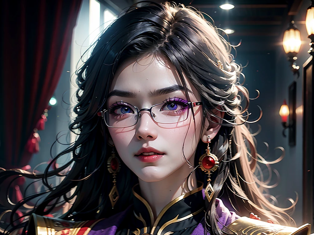 A man wearing a Zhongshan suit, black-rimmed glasses, red pupils, gray-purple hair, anime style, 1 man, detailed face, piercing eyes, highly detailed, 8k, masterpiece, cinematic lighting, photorealistic, hyper detailed, dramatic lighting, moody atmosphere, intricate details
