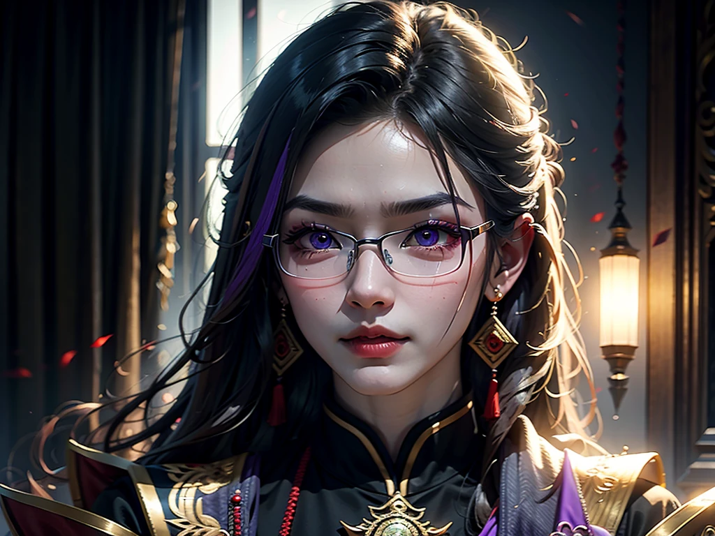 A man wearing a Zhongshan suit, black-rimmed glasses, red pupils, gray-purple hair, anime style, 1 man, detailed face, piercing eyes, highly detailed, 8k, masterpiece, cinematic lighting, photorealistic, hyper detailed, dramatic lighting, moody atmosphere, intricate details