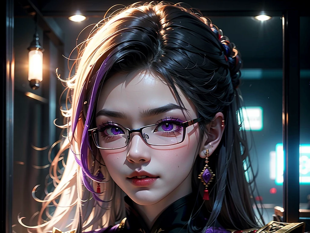 A man wearing a Zhongshan suit, black-rimmed glasses, red pupils, gray-purple hair, anime style, 1 man, detailed face, piercing eyes, highly detailed, 8k, masterpiece, cinematic lighting, photorealistic, hyper detailed, dramatic lighting, moody atmosphere, intricate details