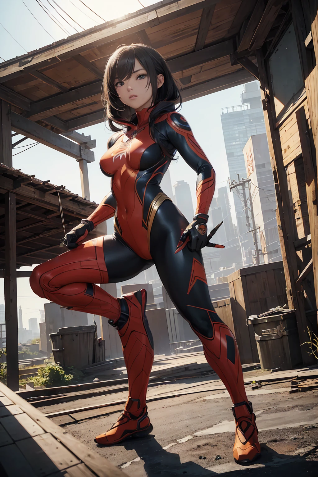 ((Full body photo, standing, feet on the ground)) Superhero Spidergirl, Cindy Moon a.k.a. Silk, comic accurate costume, on roof, combat stance, highly detailed, vibrant appearance, creative behavior, extremly detailed, imaginative, , spontaneous, highest quality, skin texture, intricate details, (cinematic lighting), RAW photo, 8k, masterpiece,best quality,ultra-detailed,very detailed illustrations,extremely detailed,intricate details,highres,super complex details,extremely detailed 8k cg wallpaper,