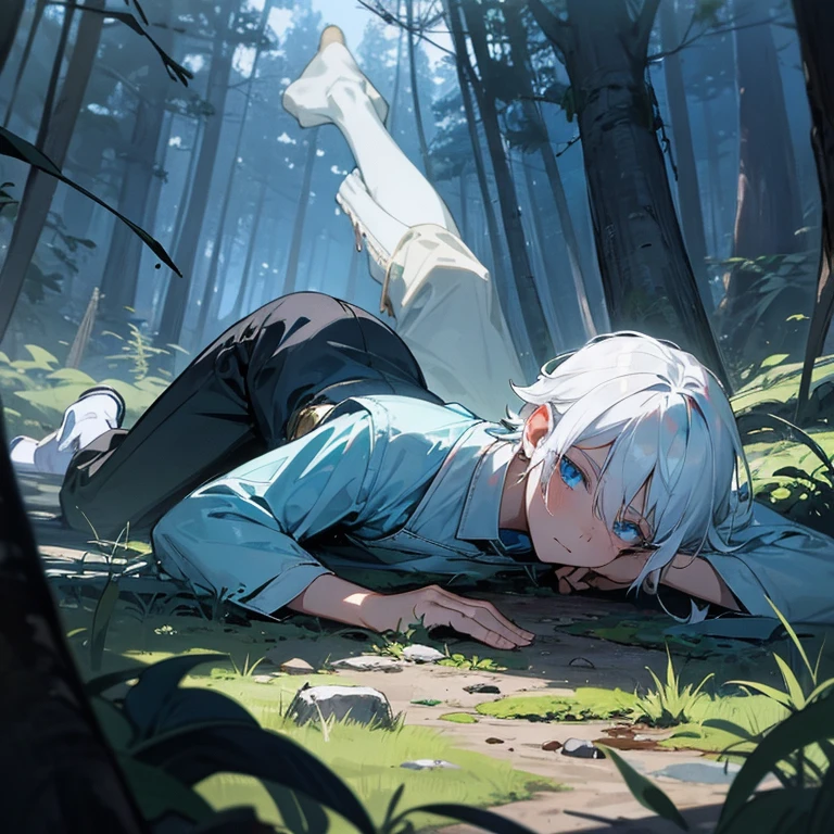 White hair-blue eyes boy, bleeding mucus, lying in the forest, while lands from another planet surround him to devour him