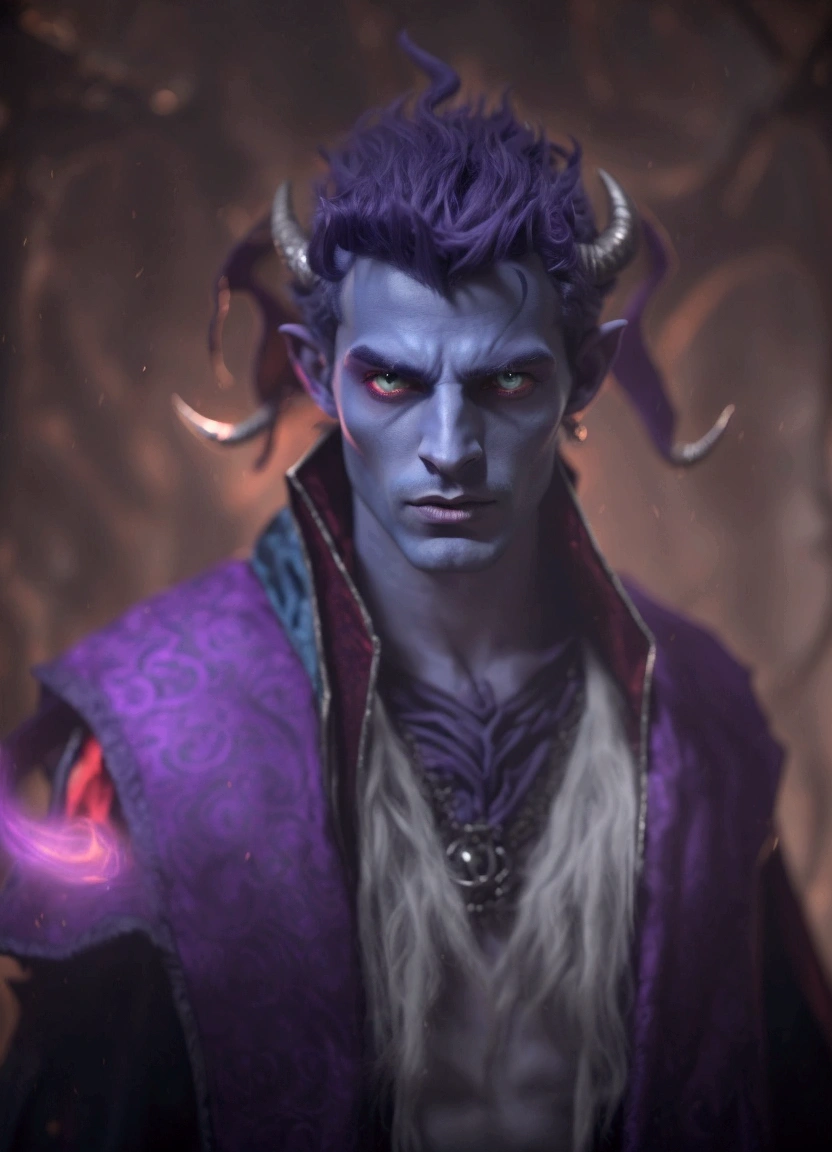 a man with horns and a purple jacket holding a red sign, tiefling, blue tiefling, djinn male man demon, cosmic tiefling d&d, male djinn man demon hybrid, seductive tiefling druid, attractive tiefling druid, Human Djinn Hybrid, evil sorcerer, tiefling sorceress, dnd retrato de um tiefling white hair