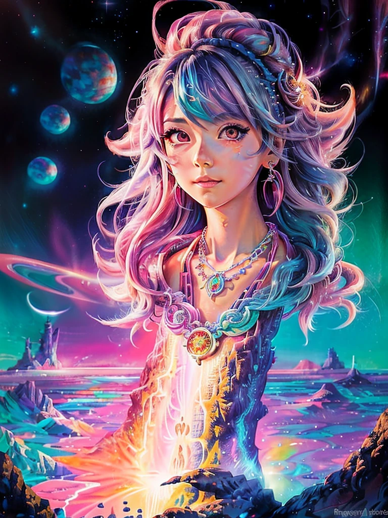 a close up of a woman with colorful hair and a necklace, anime girl with cosmic hair, rossdraws pastel vibrant, artwork in the style of guweiz, fantasy art style, colorful]”, vibrant fantasy style, rossdraws cartoon vibrant, cosmic and colorful, guweiz, colorfull digital fantasy art, stunning art style, beautiful 