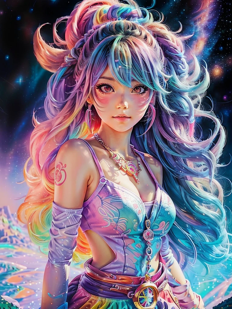 a close up of a woman with colorful hair and a necklace, anime girl with cosmic hair, rossdraws pastel vibrant, artwork in the style of guweiz, fantasy art style, colorful]”, vibrant fantasy style, rossdraws cartoon vibrant, cosmic and colorful, guweiz, colorfull digital fantasy art, stunning art style, beautiful 