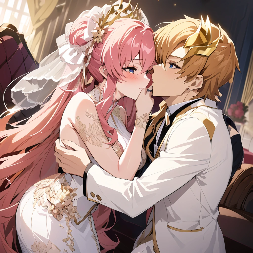 ((Highest quality)), ((masterpiece)), (detailed), (Perfect Face)、The woman is embracing and kissing a handsome man with long blonde hair wearing a white tuxedo.、The woman is Lacus Clyne, the Queen of Accord and wife of Orpheus, King of Accord. She is wearing a vintage wedding dress and wedding veil with gorgeous gold embroidery and trim, an engagement ring, beautifully decorated accessories, and a gorgeous hair ornament. She has medium-long pink hair.、Beloved wife of Orpheus, King of Accord