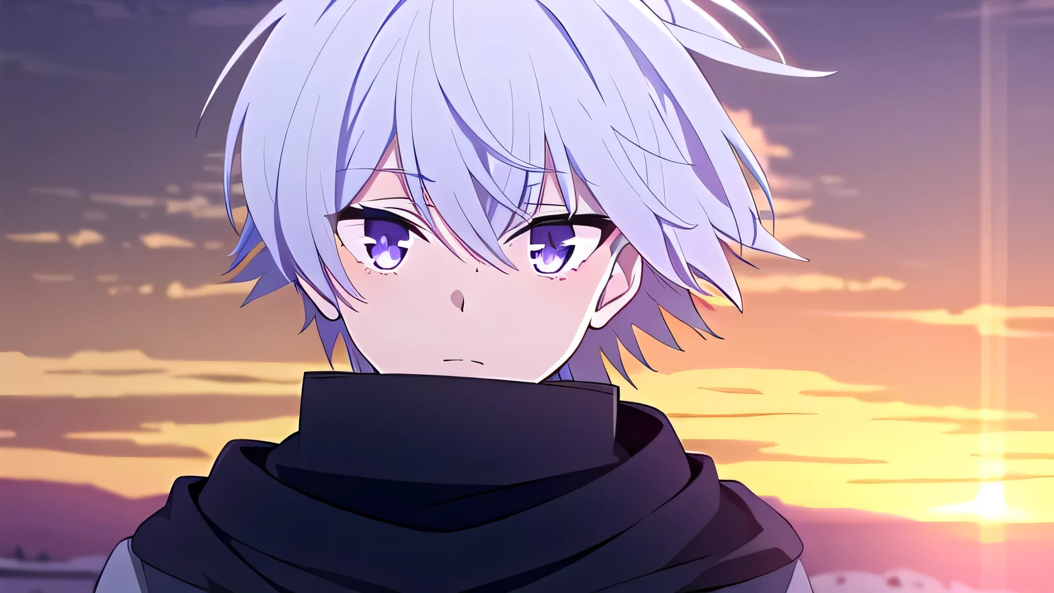 white hair, purple eyes,male, man, solo, mullet hair, wolfcut, veryshort hair, looking at viewer, solo,1male, male, boy, teenage, sunset, white background, snowy, white hair, purple eyes, black scarf, shirt
