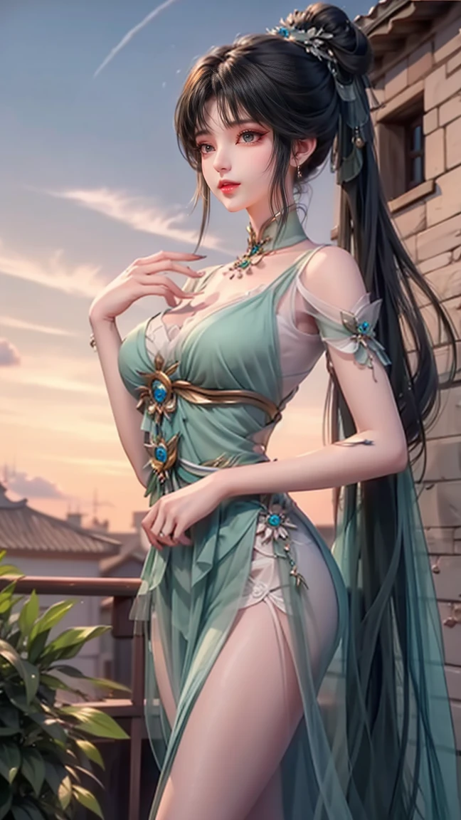 girl,solo,dress,earrings,jewelry,long hair,chinese clothes,cloud,ponytail,brown hair,looking at viewer,sky,china dress,brown eyes,hair ornament,black hair,hand up,