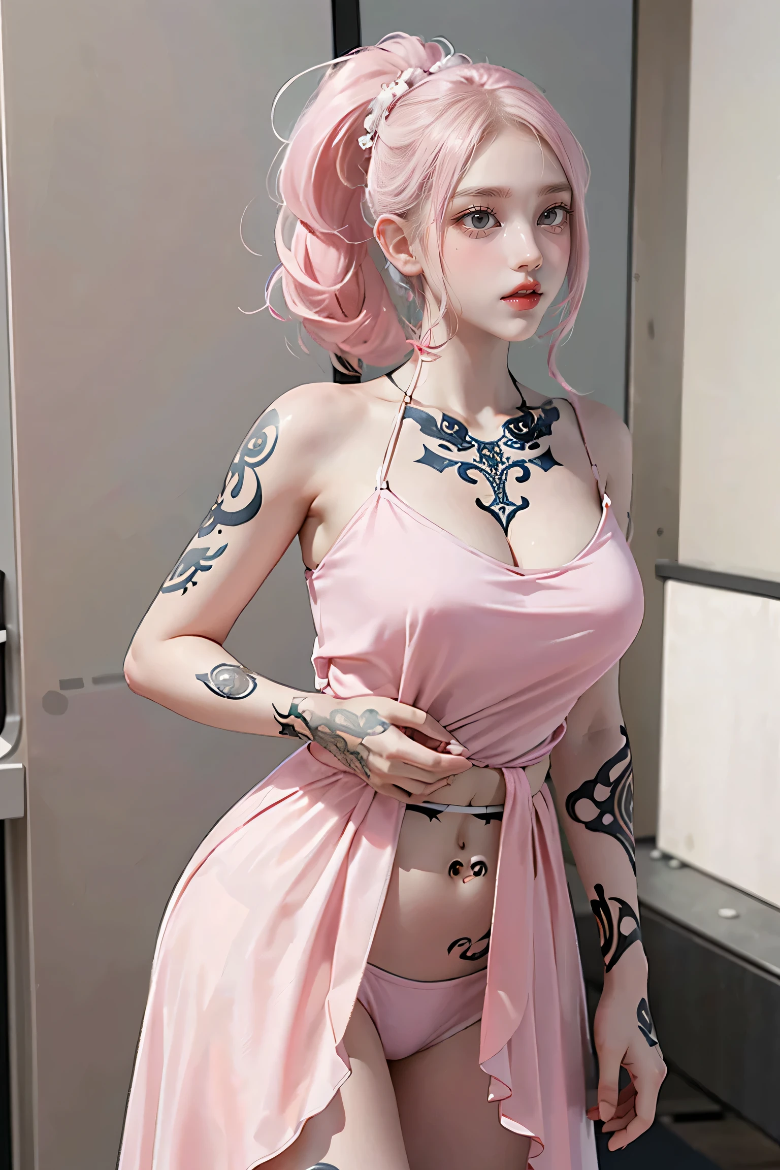 (Chest puffing pose),(Random Hairstyles),(Best image quality,(8k),Ultra-realistic,最high quality, high quality, High resolution, high quality,Attention to detail, White-pink hair, blue eyes, Red dress,(((Tight waist))), ((Large Breasts)),(See through),(((He has many tattoos all over his body)),Browsing Caution