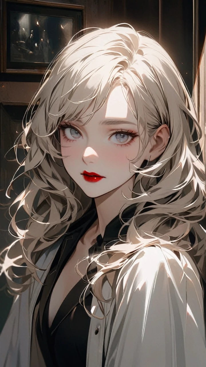 A woman in the picture has long, wavy, platinum blonde hair that falls past her shoulders. She has a fair complexion and wears light makeup, highlighting her red lips and subtle eyeliner. She has a small nose ring on her right nostril. Her expression is neutral, with a slight hint of curiosity or attentiveness. She appears to be in a dimly lit room with a somewhat industrial or laboratory-like background, giving the image a mysterious and intriguing atmosphere.