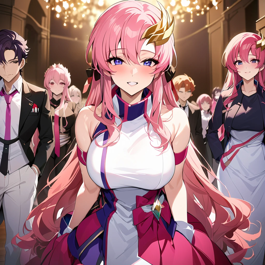 ((Highest quality)), ((masterpiece)), (detailed), (Perfect Face)、The woman is the Queen of Accord, wife of Orpheus, King of Accord. She is wearing the Accord uniform, an engagement ring, beautifully decorated accessories, and a gorgeous hair ornament. She is Lacus Clyne, with semi-long pink hair.、Beloved wife of Orpheus, King of Accord