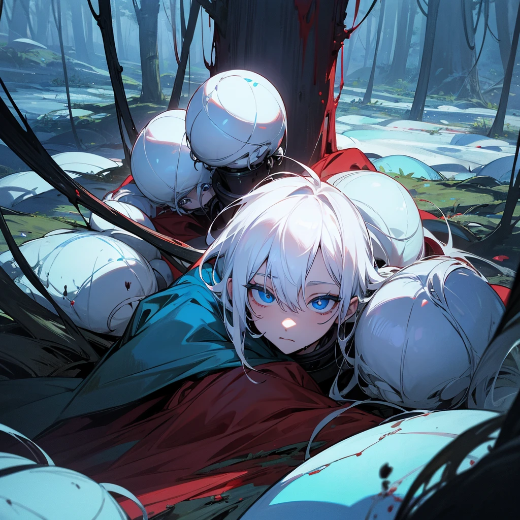 White hair-blue eyes boy, covered in blood , lying in the forest, while lands from another planet surround him to devour him