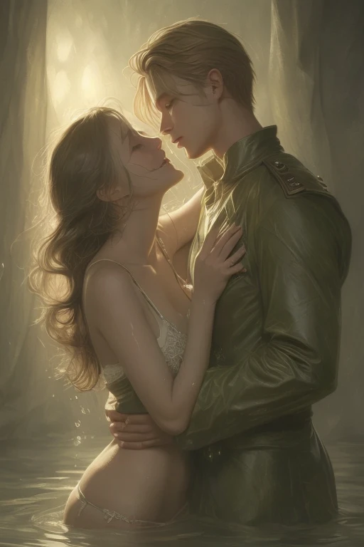 Soft lighting、Dramatic Shadows、A calming color palette、
Couple: Blond man (expensive, Statue-like, good looking, A brave young man with blue eyes, Curly blonde, Wearing an antique grey military uniform) He embraces the dark-haired woman (Sensual woman、Beautiful and detailed、Beautiful and delicate lips、Highly detailed face、Long eyelashes、Elegant appearance、Gothic Dress、A beautiful young femme fatale, she has blackberry eyes, Black panties、Sensual pose、Bold Pose、The skin is damp、sweating、Expressions of Ecstasy、Heavily wet、With water droplets). They are in love with each other. Sketch of、Beautiful Face, Beautiful Face立ち, Perfect image, , Full body image, Detailed Images, Highly detailed illustration, Carefully drawn.Watercolor