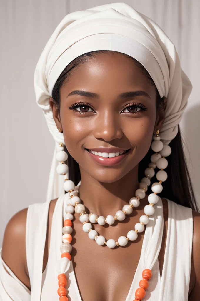 face, black woman, beautiful, thin nose, light brown eyes, friendly smile, basic makeup, nude lipstick, wearing white Umbanda clothing, white cloth on her head, with a string of Umbanda beads, realistic image, face image, background photo curtain, coral color