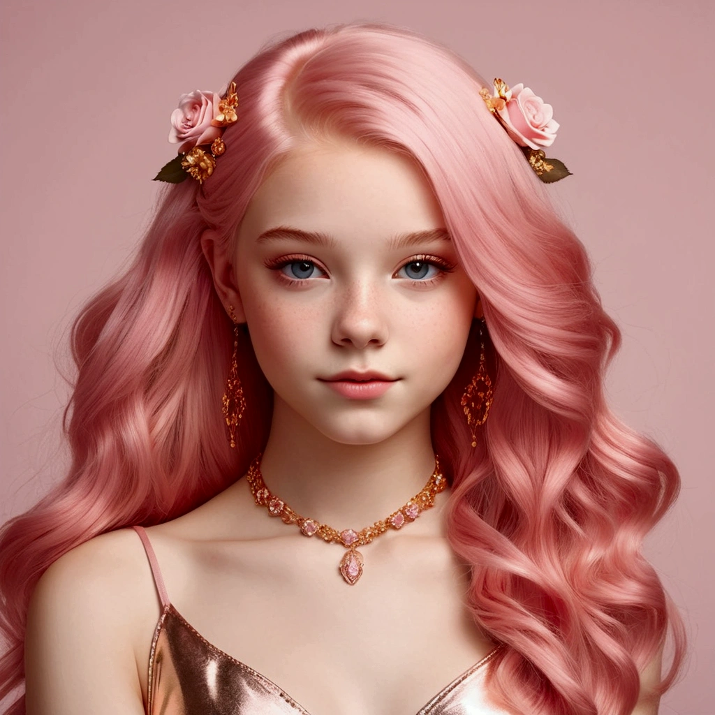 Fair skinned pink haired European teen girl pink gold rose gold color theme Realistic Photo