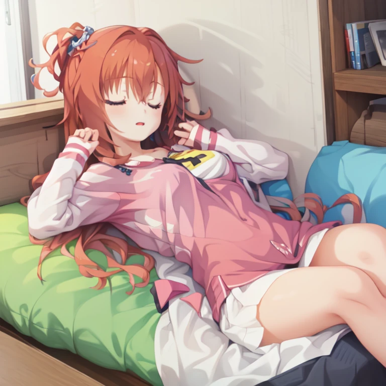 1girl, sleepeace, pajama, arms up,  on back,  red_hair, long_hair, mooning, messy hair,  sunlight,  backlighting, (ultra_detailed:1.2)