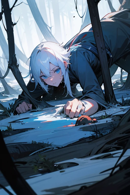 White hair-blue eyes boy, covered in blood , lying in the forest, while lands from ther planet surround him to devour him