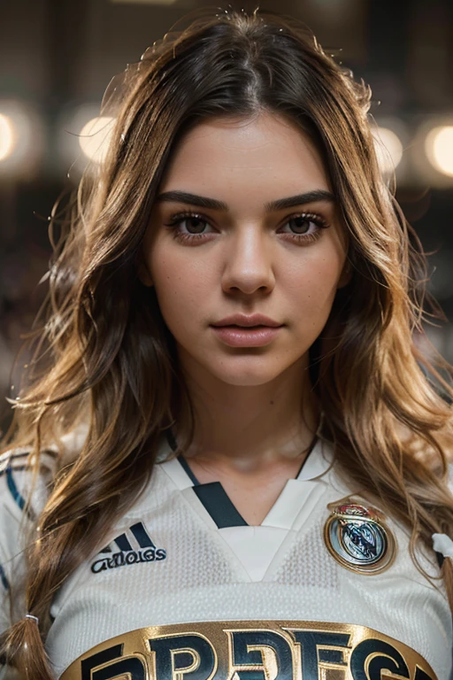 Kendall Jenner, realistic portrait, long white wavy hair, wearing real madrid soccer jersey, realistic lighting, highly detailed, photorealistic, 8k, hyper detailed, sharp focus, studio lighting, vivid colors, beautiful detailed eyes, beautiful detailed lips, extremely detailed eyes and face, long eyelashes, elegant expression, dynamic pose, natural background, golden hour lighting, cinematic lighting