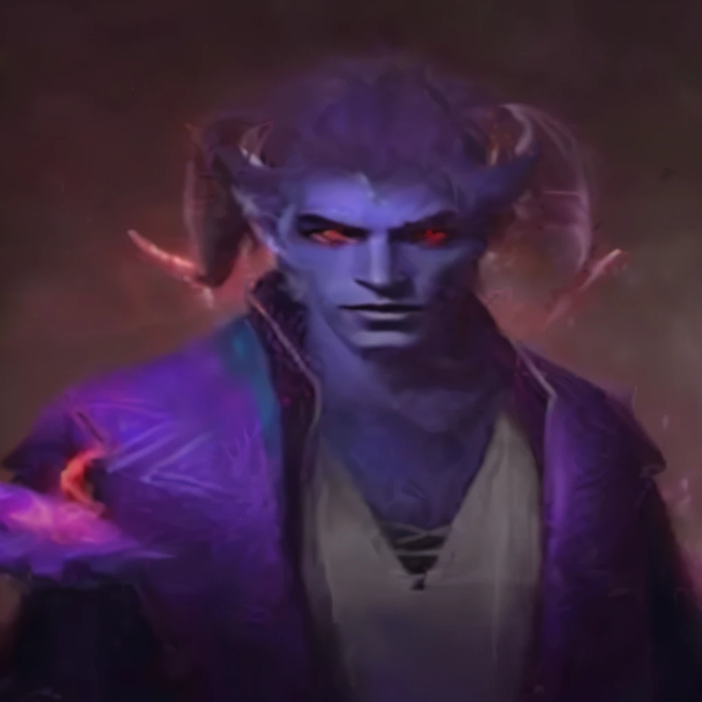 a man with horns and a purple jacket holding a red sign, tiefling, blue tiefling, djinn male man demon, cosmic tiefling d&d, male djinn man demon hybrid, seductive tiefling druid, attractive tiefling druid, Human Djinn Hybrid, evil sorcerer, tiefling sorceress, dnd retrato de um tiefling white hair