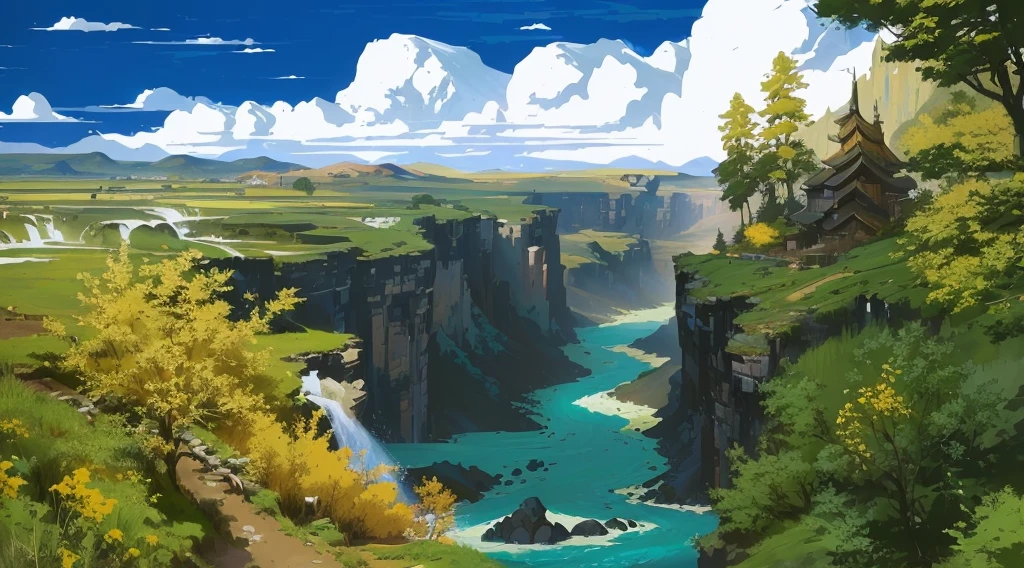 There is a painting,There is a river running through the valley in the painting, Gouache, scenery game Concept Art, environment design illustration, environment painting, anime scenery Concept Art, Concept Art. Epic Landscapes, painted as a game Concept Art, Anime Landscape, Illustrations, environment Concept Art, Detailed scenery, digital painting Concept Art, Concept Art for a video game, Detailed numbers