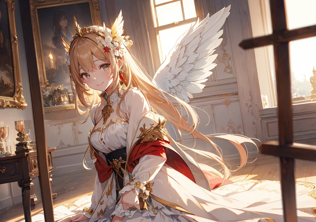 Realistic photos, Focus distance 10mm, Red and white, A big smile, Beautiful girl, Realistic photos, Focus distance 10mmで撮影, masterpiece, 最high quality, high quality, Very detailed CG 8k wallpaper unit, Award-winning photography, Depth of written boundary, High resolution, bloom, chromatic aberration, Realistic, Very detailed, Art Station Trends, CGsociety Trends, Complex, High detail, dramatic, Art on the go, volumetric lighting, The strongest fortune angel - A beautiful girl with white and gold wings、It descends while emitting a golden aura.。The background is a luxurious palace